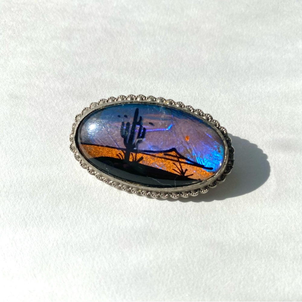 Vintage butterfly wing bubble glass pewter brooch with Southwest Cactus Design